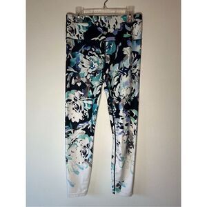 Athleta women’s black gray white aqua floral leggings size Small #44-1358